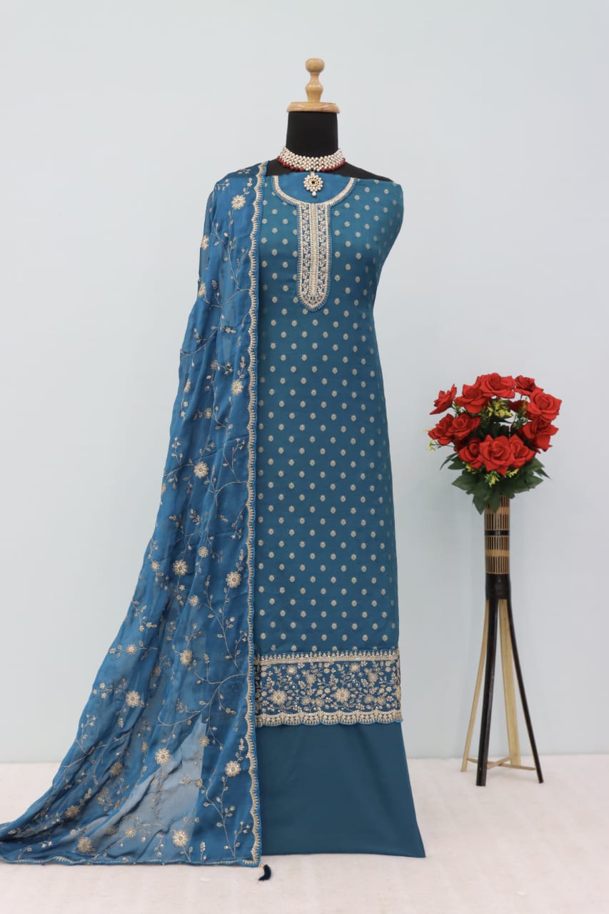 Anaita Turquoise Dola Jacquard Silk Sequin Embroidered Salwar Suit | Grocsy