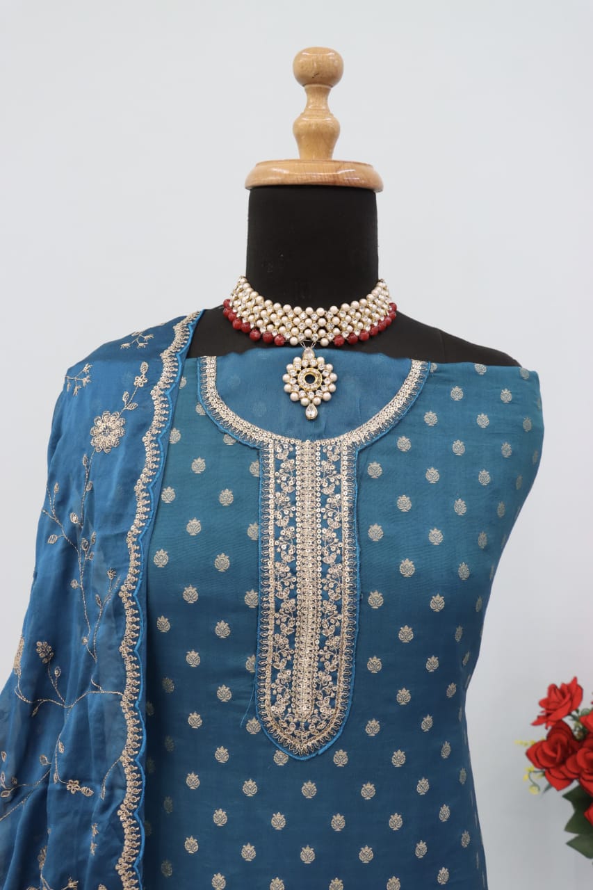 Anaita Turquoise Dola Jacquard Silk Sequin Embroidered Salwar Suit | Grocsy