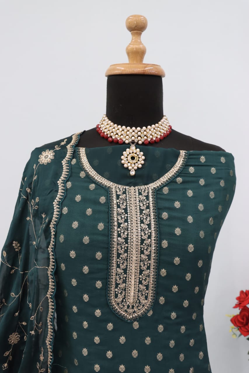 Anaita Dark Green Dola Jacquard Silk Sequin Embroidered Salwar Suit | Grocsy