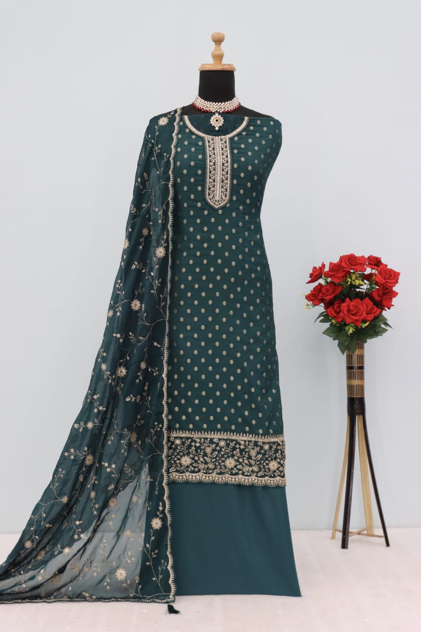 Anaita Dark Green Dola Jacquard Silk Sequin Embroidered Salwar Suit | Grocsy