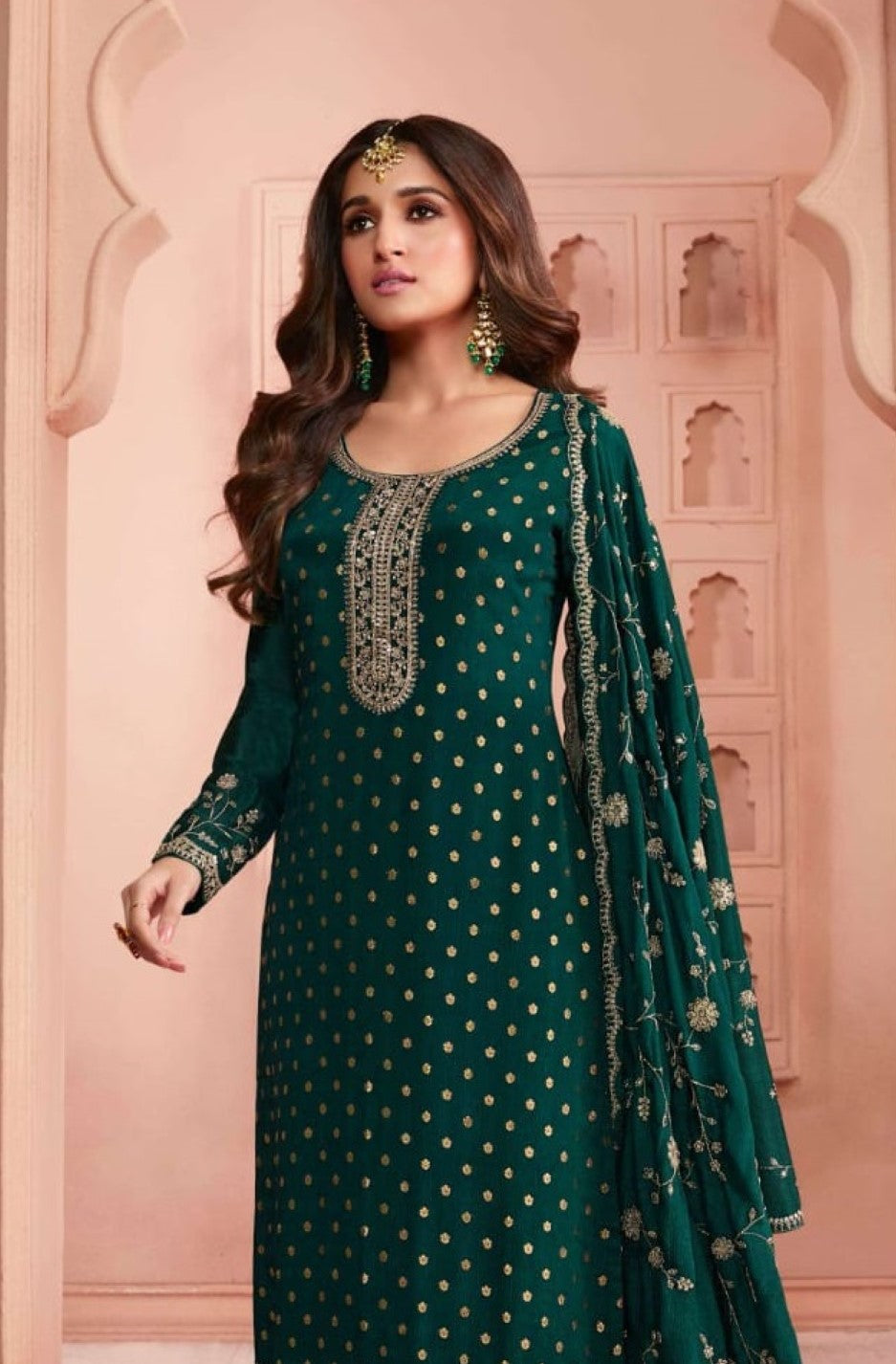Anaita Dark Green Dola Jacquard Silk Sequin Embroidered Salwar Suit | Grocsy