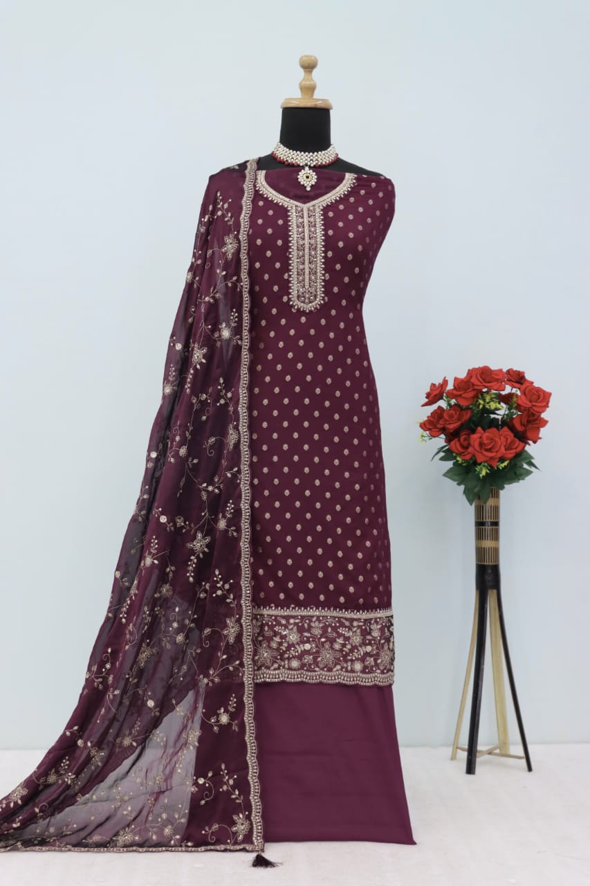 Anaita Purple Dola Jacquard Silk Sequin Embroidered Salwar Suit | Grocsy