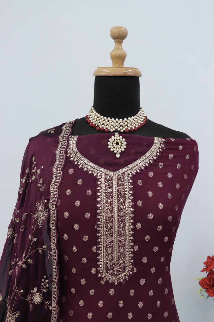 Anaita Purple Dola Jacquard Silk Sequin Embroidered Salwar Suit | Grocsy
