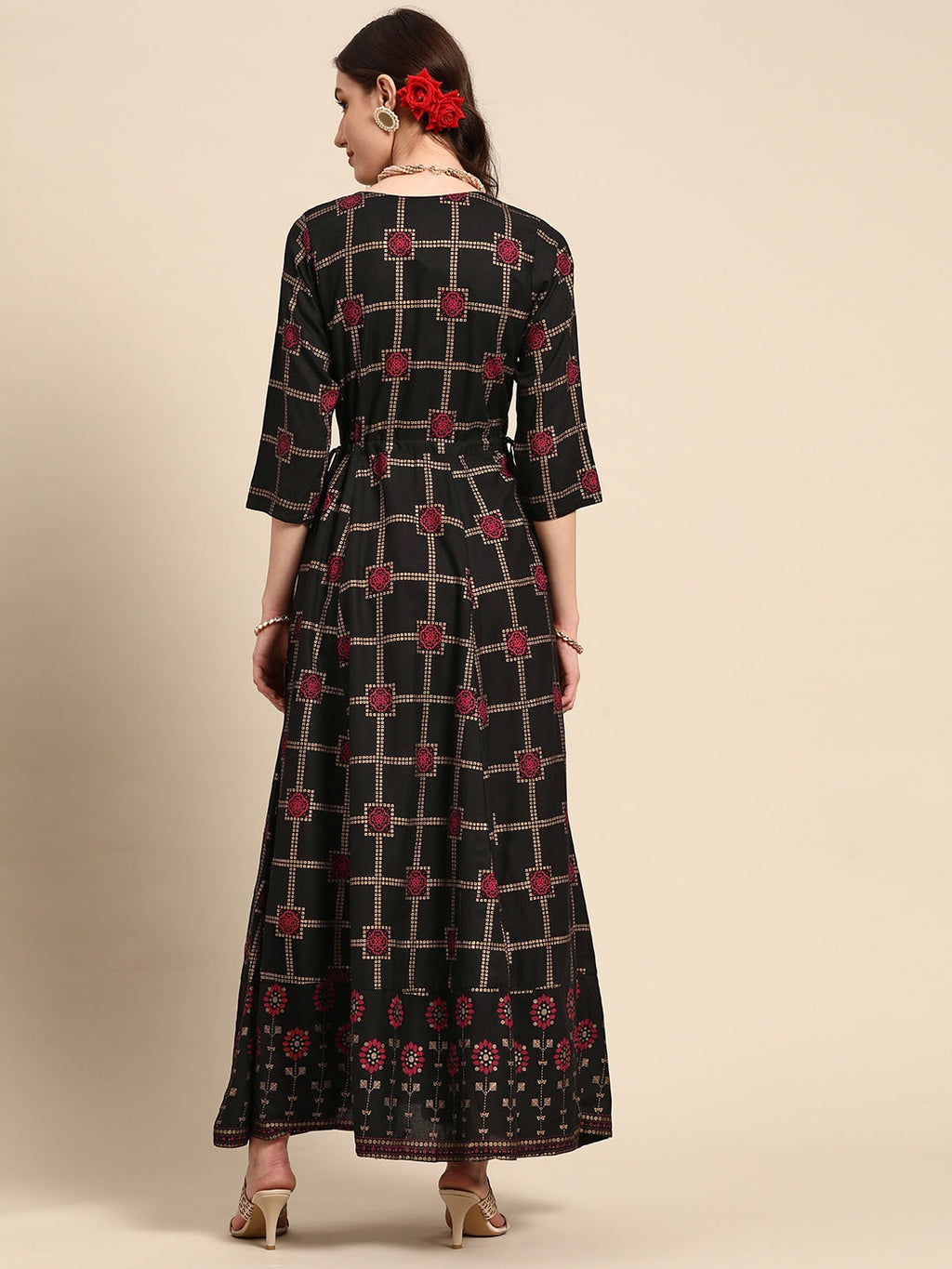 Sangria Women Black Checked Viscose Rayon Anarkali Kurta | Grocsy