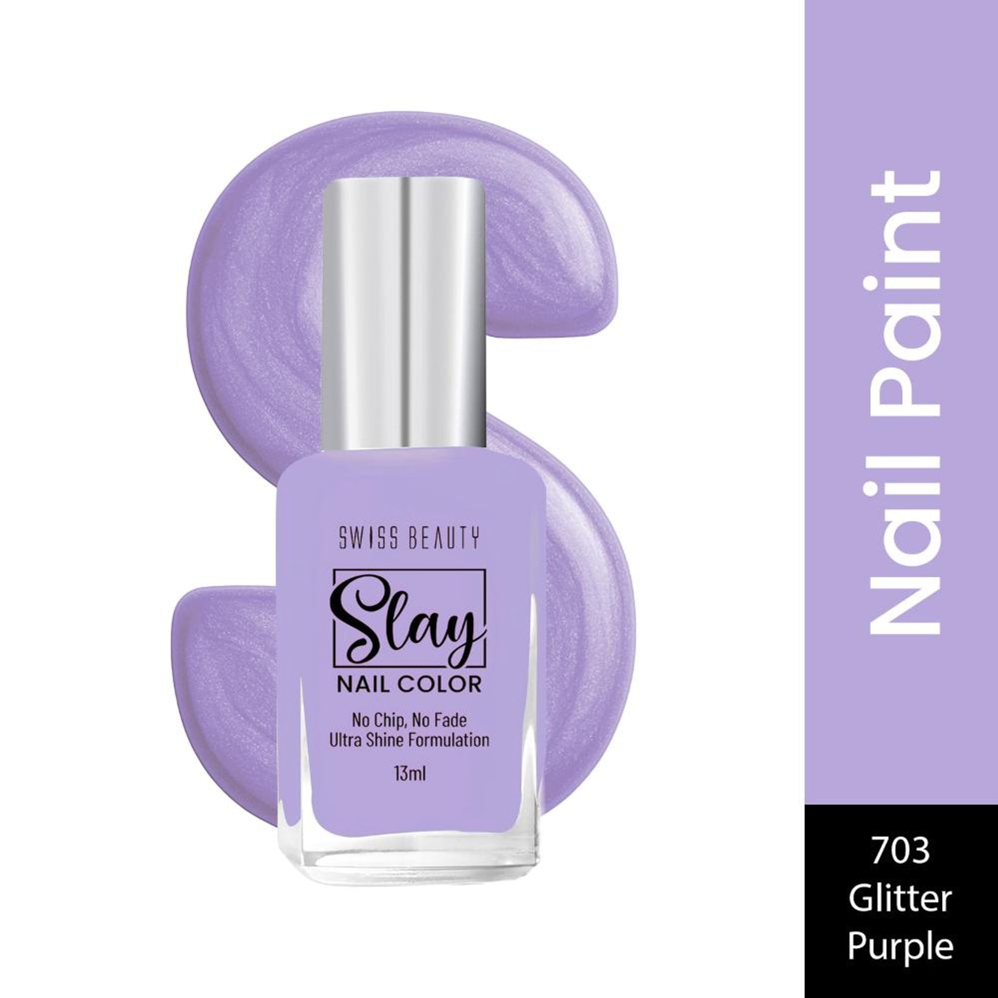 Swiss Beauty Slay Nail Color With Ultra Shine Formulation - 703 Glitter Purple | Grocsy