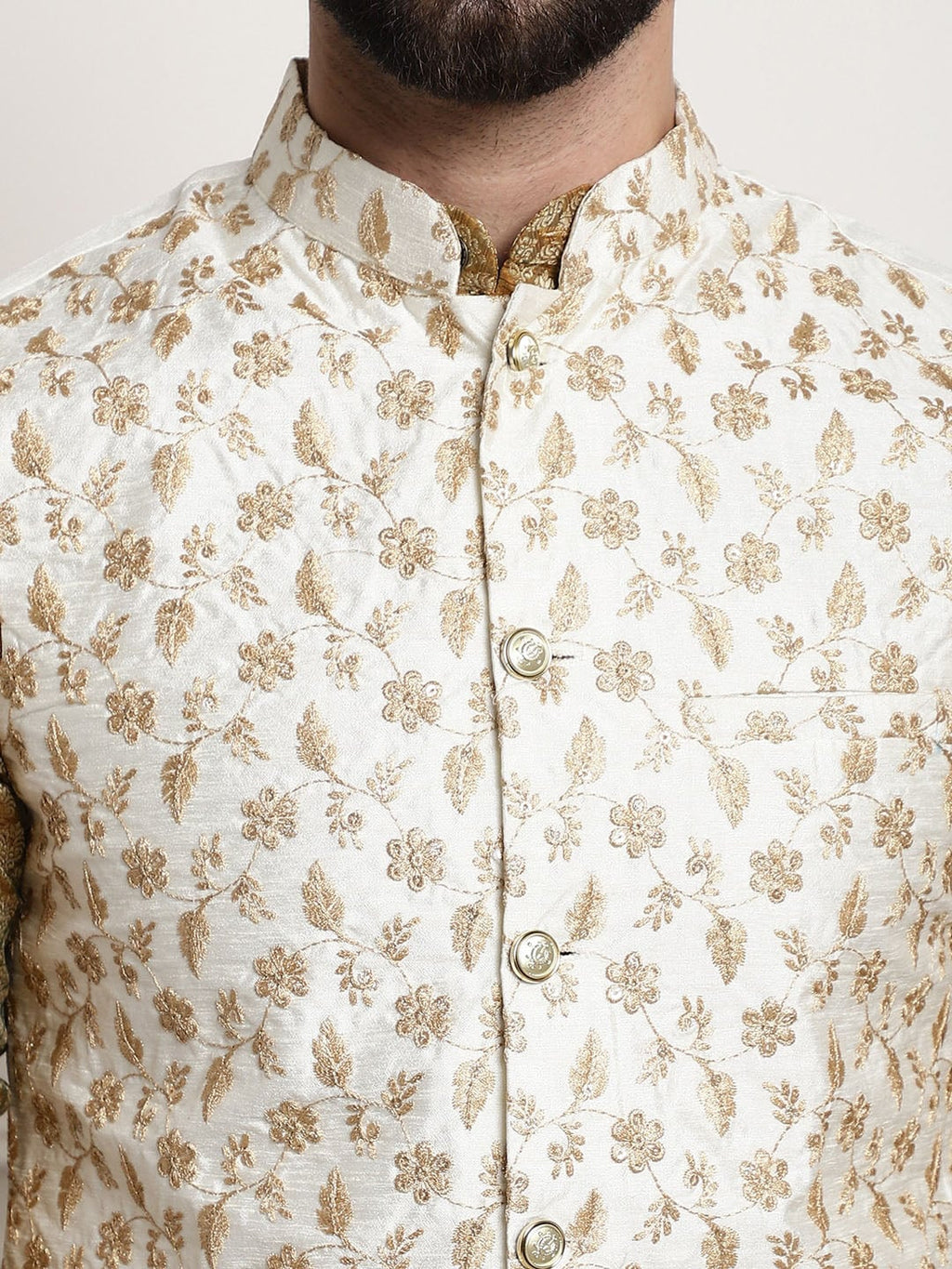Sojanya Woven Design Mandarin Collar Kurta with Churidar & Nehru Jacket | Grocsy