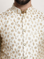 Sojanya Woven Design Mandarin Collar Kurta with Churidar & Nehru Jacket | Grocsy