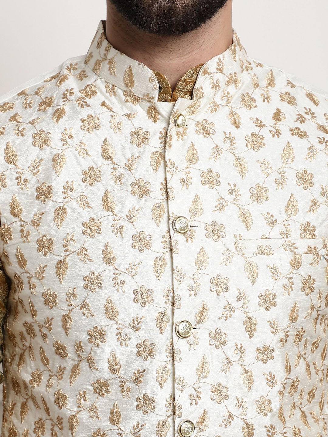 Sojanya Woven Design Mandarin Collar Kurta with Churidar & Nehru Jacket | Grocsy