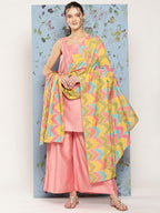 HERE&NOW Shoulder Straps Solid Straight Kurta with Palazzos & Printed Dupatta | Grocsy