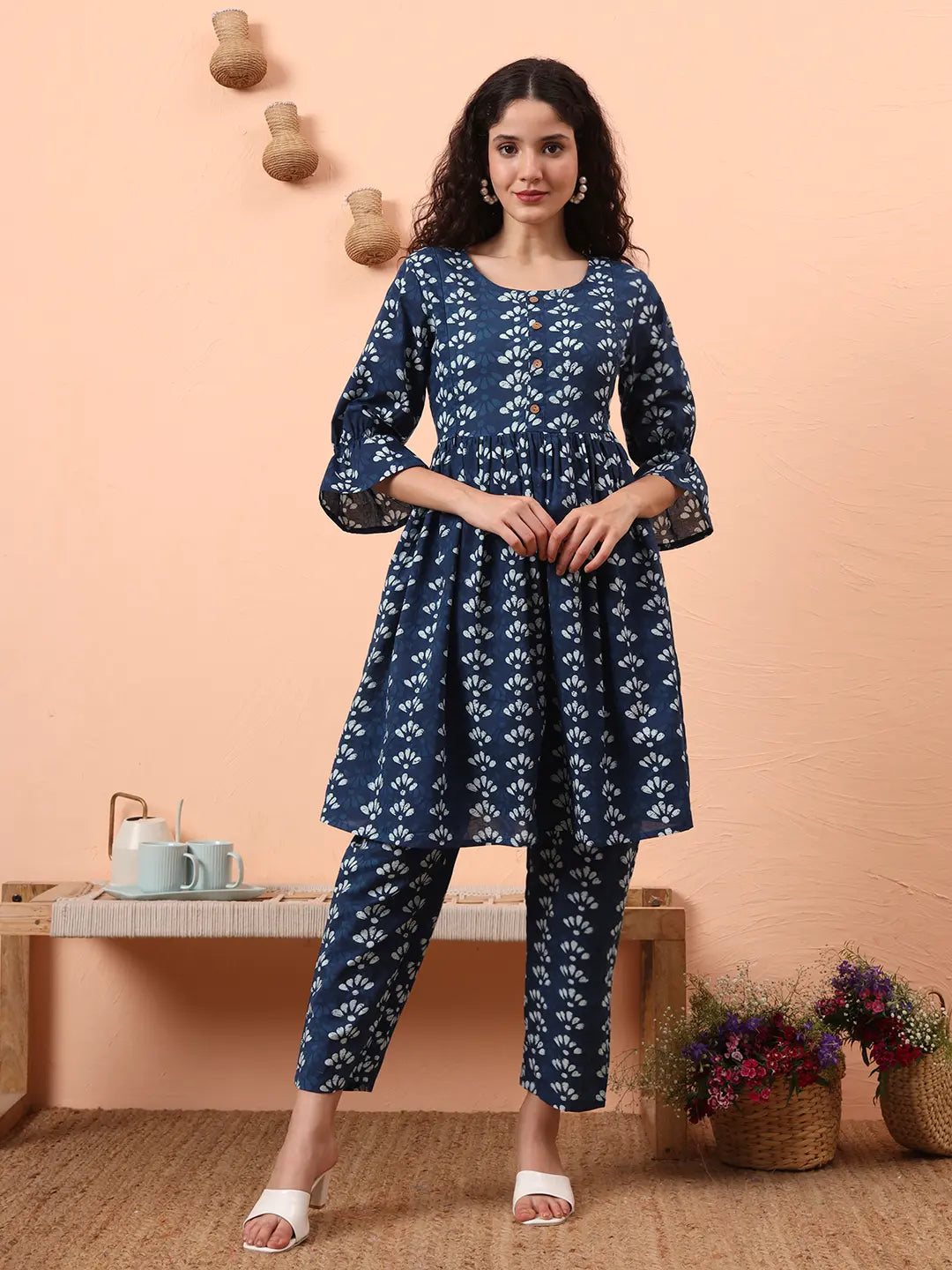 Yufta Blue Cotton Maternity Kurta Pant Set | Grocsy