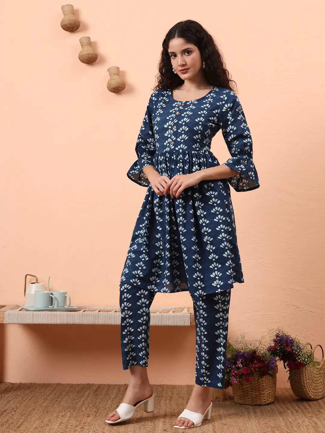 Yufta Blue Cotton Maternity Kurta Pant Set | Grocsy