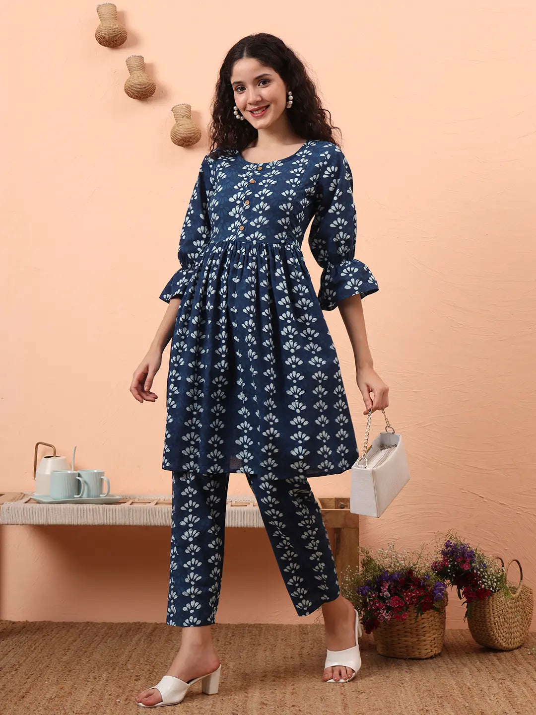 Yufta Blue Cotton Maternity Kurta Pant Set | Grocsy