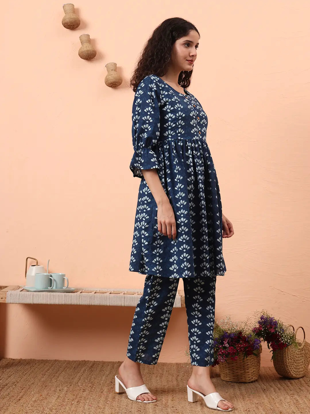 Yufta Blue Cotton Maternity Kurta Pant Set | Grocsy