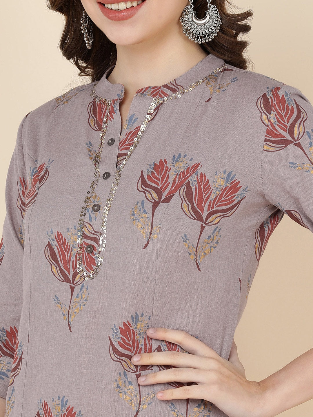 HERE&NOW Women Coffee Brown Floral Embroidered Straight Kurta With Trousers | Grocsy