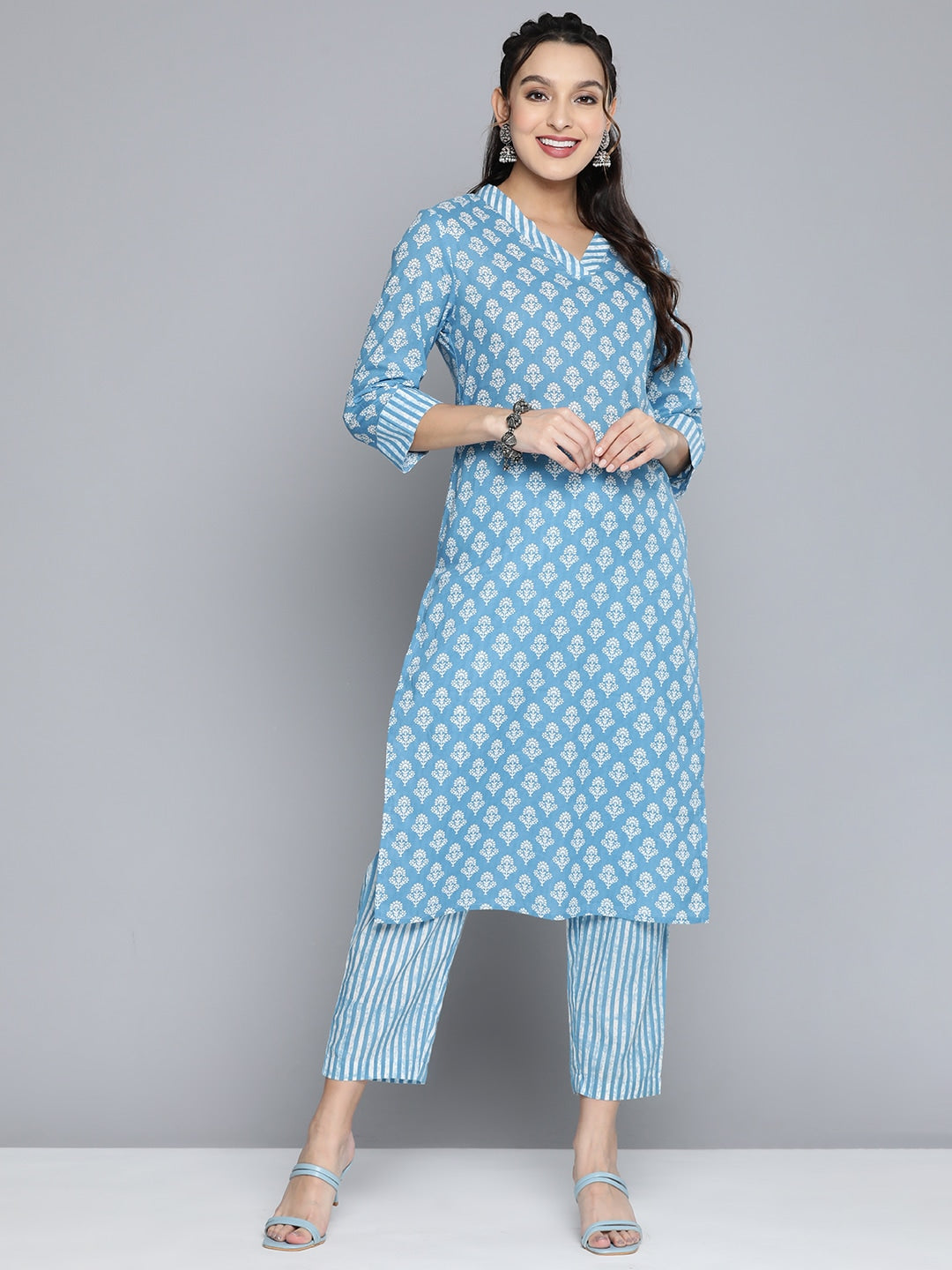 HERE&NOW Women Ethnic Motifs Printed Pure Cotton Kurta with Palazzos | Grocsy