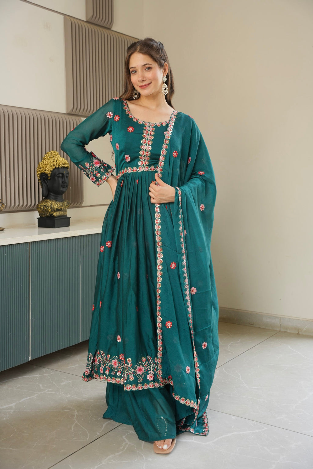 Lorenvalley Fashion Rama Noha Crush Silk with Embroidery Threads & Sequins Work Anarkali Sharara with Dupatta | Grocsy