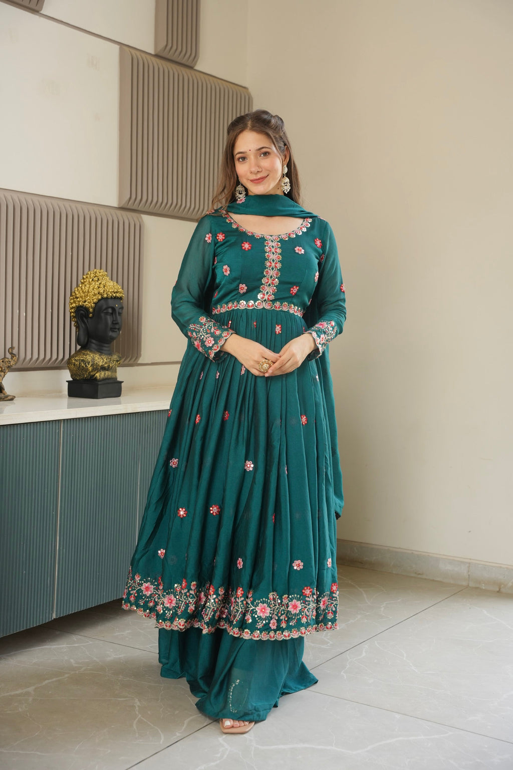 Lorenvalley Fashion Rama Noha Crush Silk with Embroidery Threads & Sequins Work Anarkali Sharara with Dupatta | Grocsy