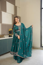 Lorenvalley Fashion Rama Noha Crush Silk with Embroidery Threads & Sequins Work Anarkali Sharara with Dupatta | Grocsy