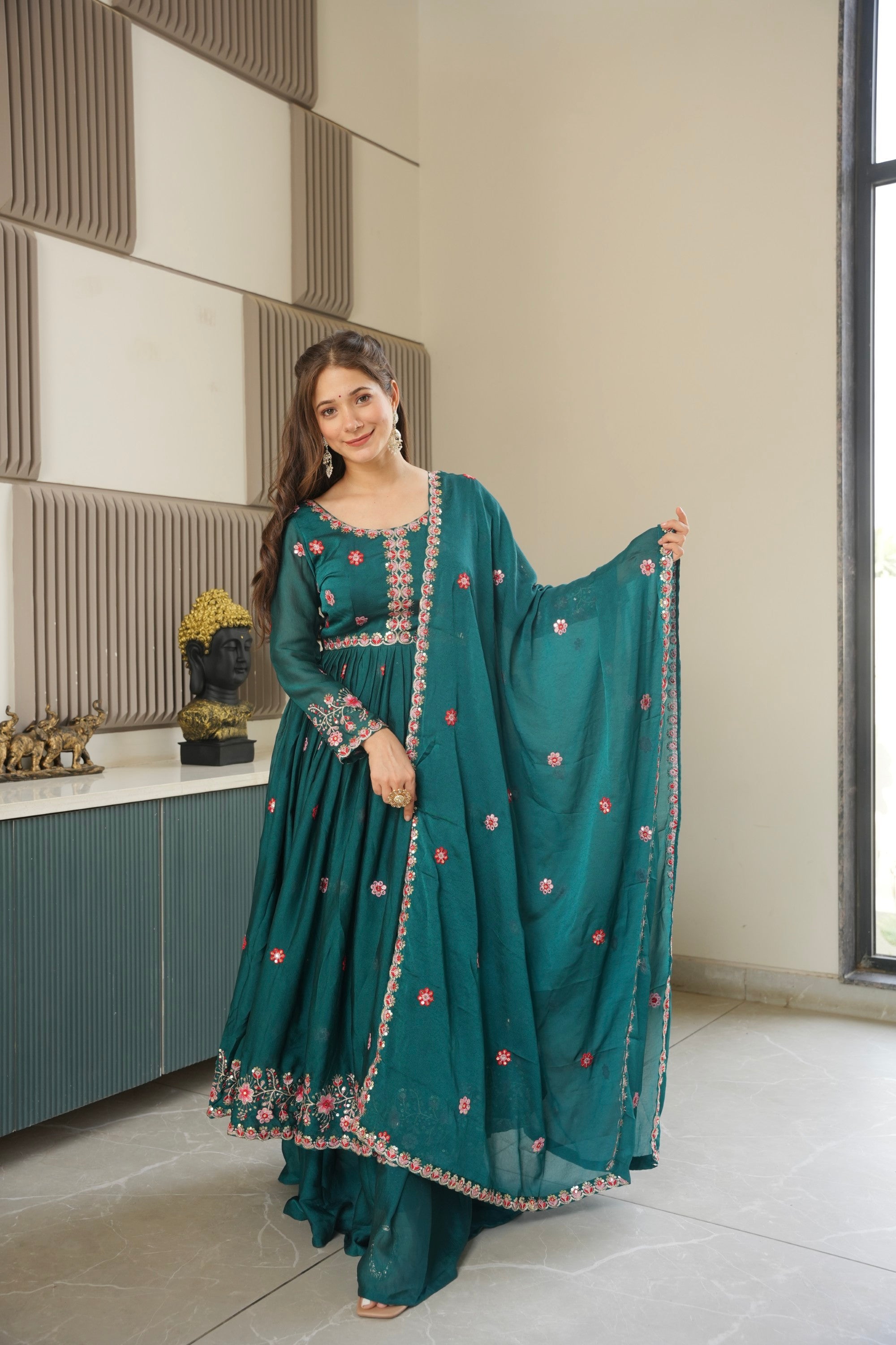 Lorenvalley Fashion Rama Noha Crush Silk with Embroidery Threads & Sequins Work Anarkali Sharara with Dupatta | Grocsy