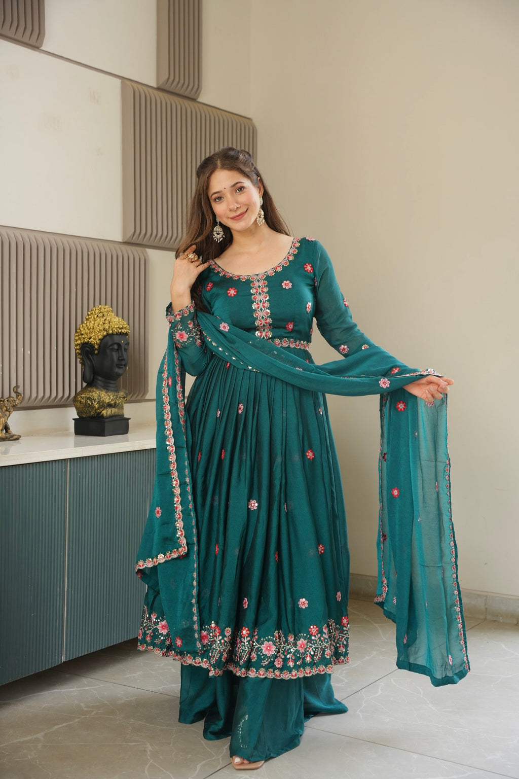 Lorenvalley Fashion Rama Noha Crush Silk with Embroidery Threads & Sequins Work Anarkali Sharara with Dupatta | Grocsy