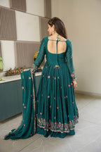 Lorenvalley Fashion Rama Noha Crush Silk with Embroidery Threads & Sequins Work Anarkali Sharara with Dupatta | Grocsy