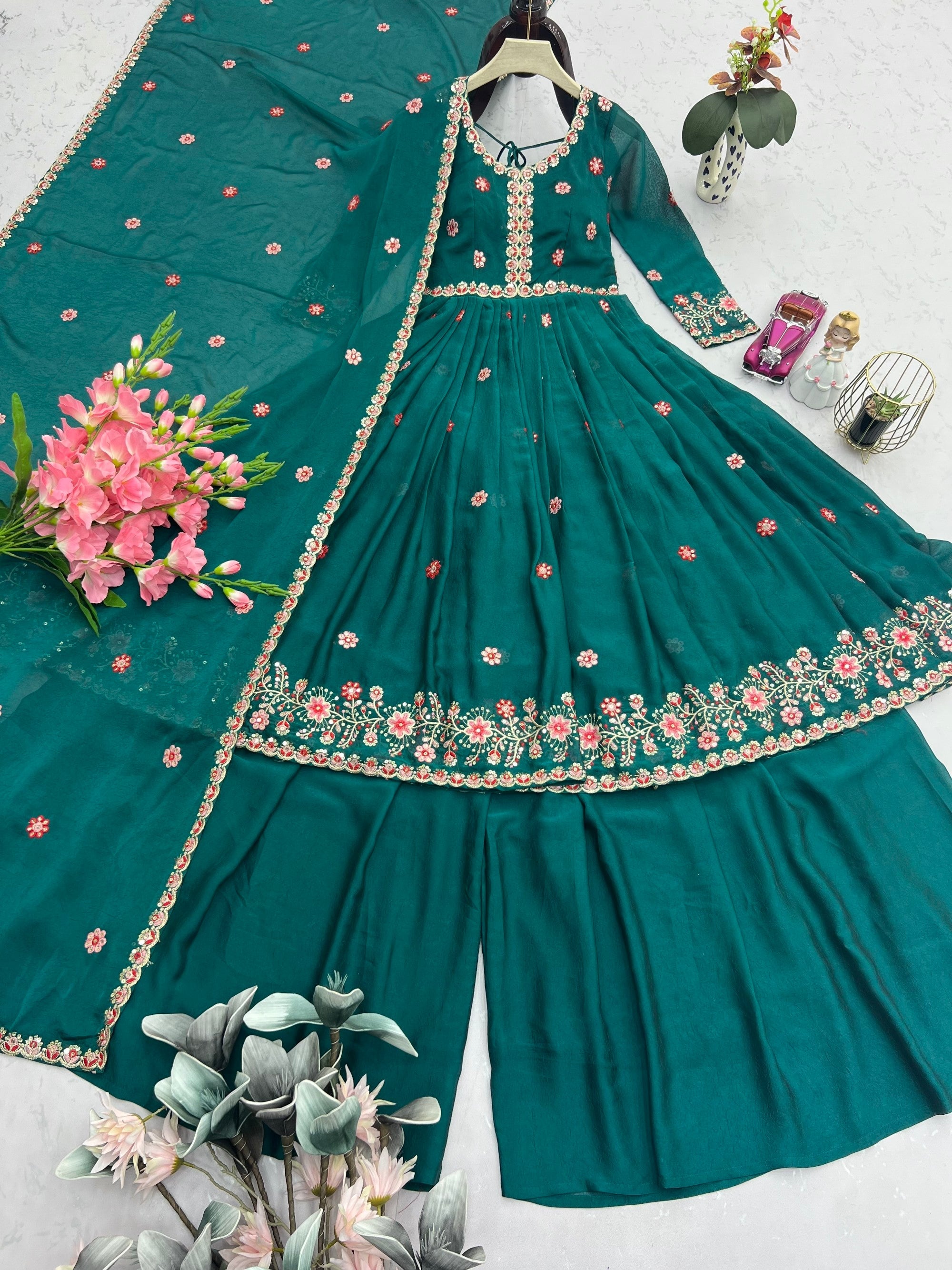 Lorenvalley Fashion Rama Noha Crush Silk with Embroidery Threads & Sequins Work Anarkali Sharara with Dupatta | Grocsy