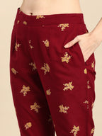 All About You Women Maroon & Mustard Yellow Floral Printed Pure Cotton Kurta with Trousers | Grocsy
