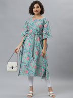 Janasya Women Sea Green Floral Printed Kaftan Kurta | Grocsy