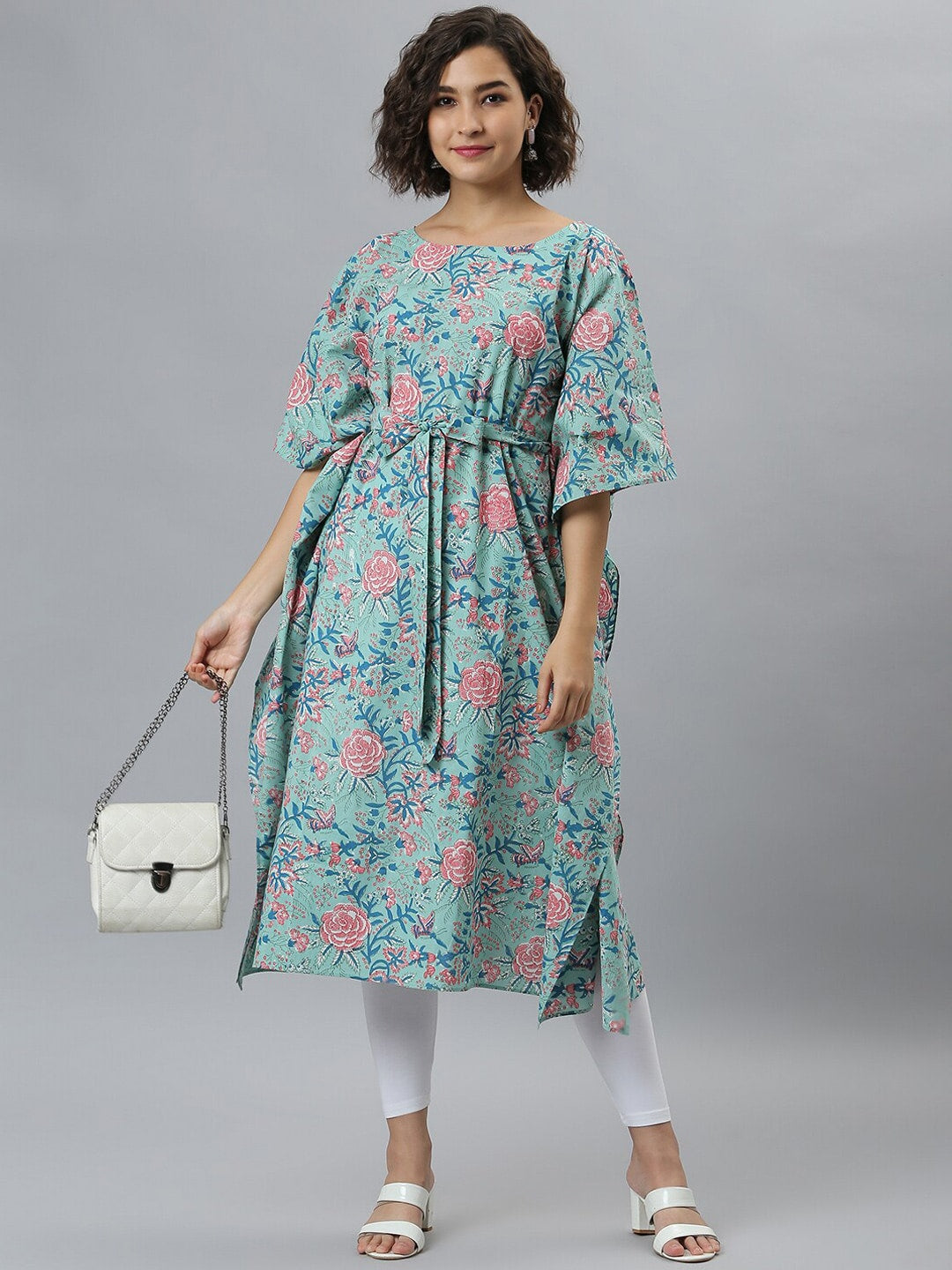 Janasya Women Sea Green Floral Printed Kaftan Kurta | Grocsy