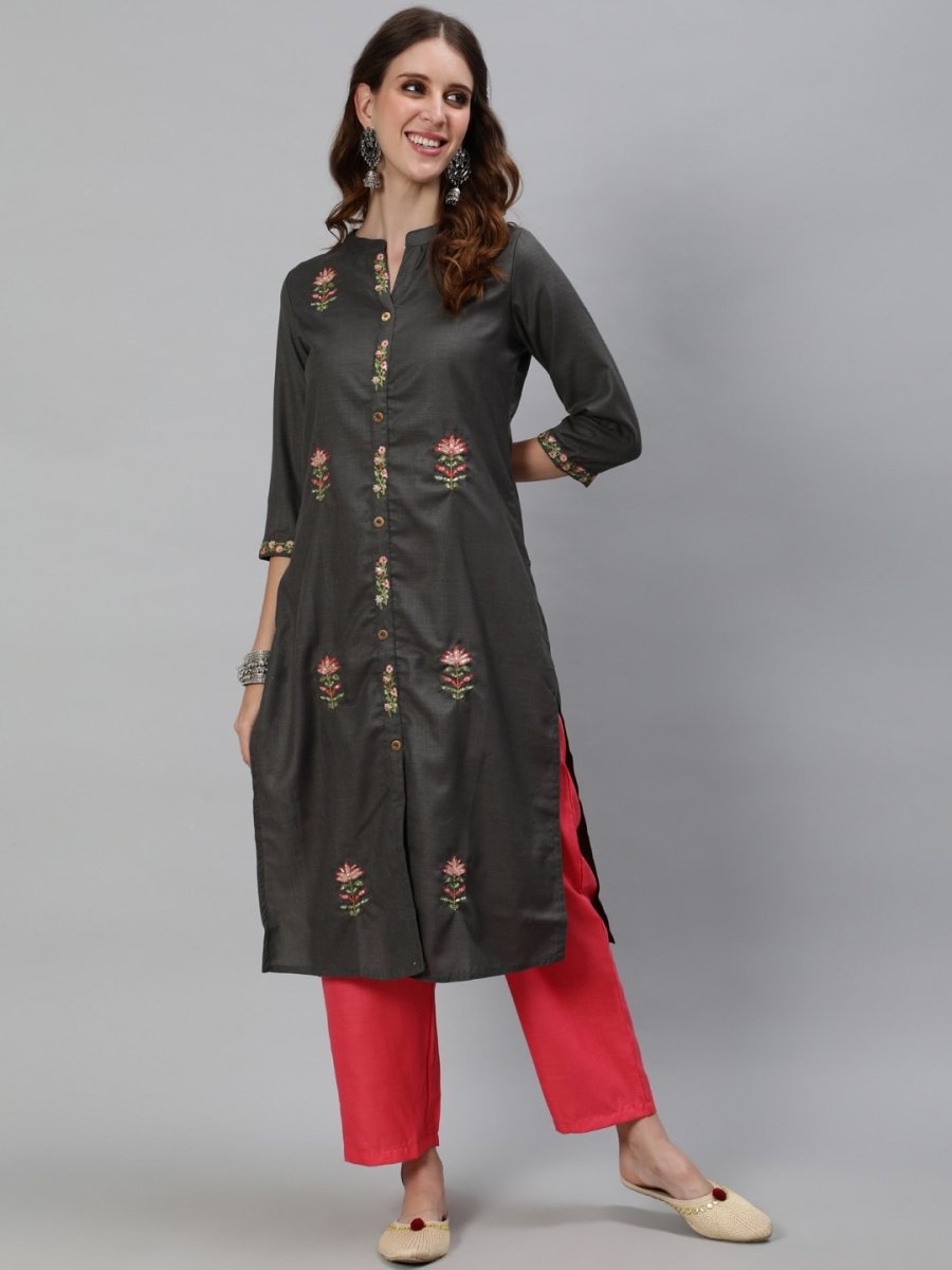 Aks Floral Embroidered Mandarin Collar Thread Work Detailed Straight Kurta with Trousers | Grocsy