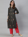 Aks Floral Embroidered Mandarin Collar Thread Work Detailed Straight Kurta with Trousers | Grocsy