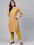 Sangria Women Mustard Yellow & Off-White Printed Kurta with Trousers | Grocsy