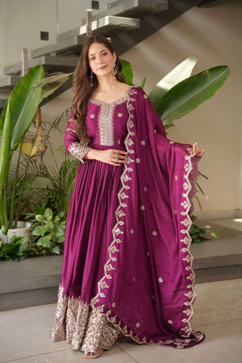 Lorenvalley Fashion Purple Noha Crush Silk with Embroidery Threads & Sequins Work Anarkali Gown with Dupatta | Grocsy