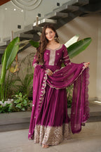 Lorenvalley Fashion Purple Noha Crush Silk with Embroidery Threads & Sequins Work Anarkali Gown with Dupatta | Grocsy