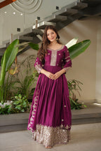 Lorenvalley Fashion Purple Noha Crush Silk with Embroidery Threads & Sequins Work Anarkali Gown with Dupatta | Grocsy