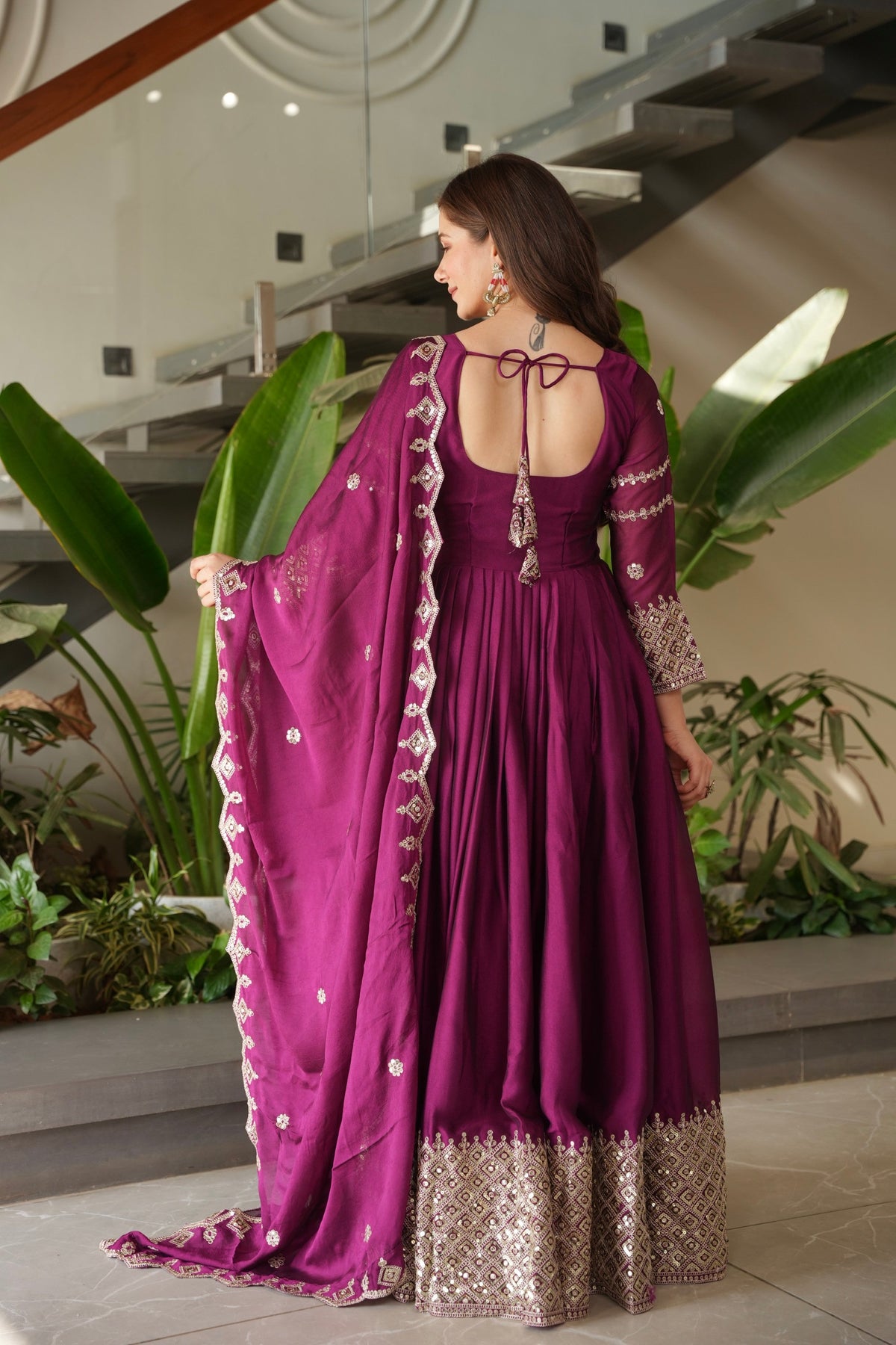 Lorenvalley Fashion Purple Noha Crush Silk with Embroidery Threads & Sequins Work Anarkali Gown with Dupatta | Grocsy