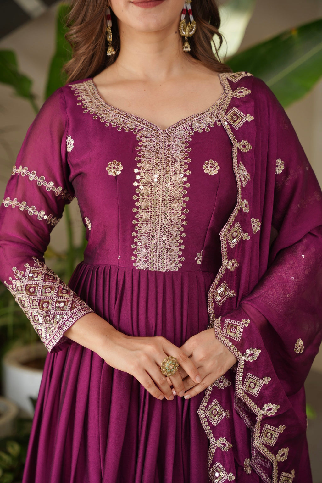Lorenvalley Fashion Purple Noha Crush Silk with Embroidery Threads & Sequins Work Anarkali Gown with Dupatta | Grocsy