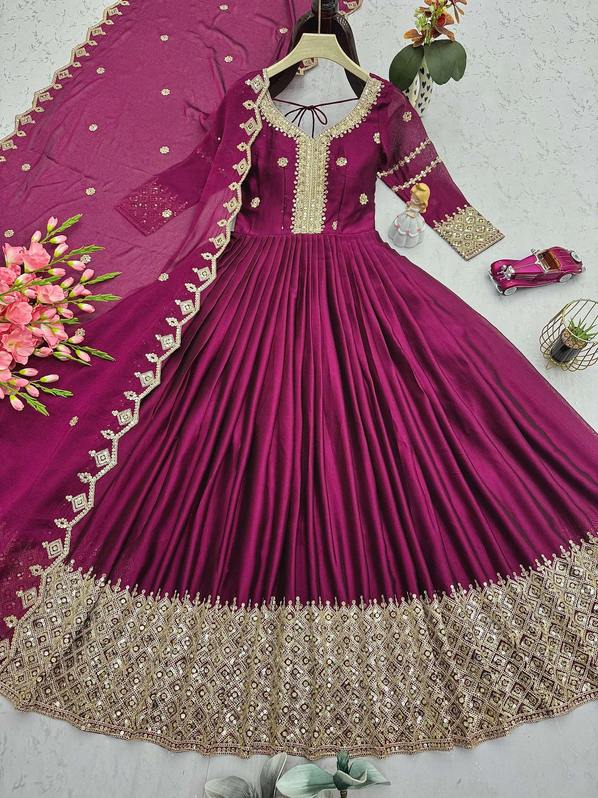 Lorenvalley Fashion Purple Noha Crush Silk with Embroidery Threads & Sequins Work Anarkali Gown with Dupatta | Grocsy