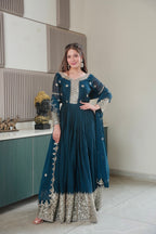 Lorenvalley Fashion Rama Noha Crush Silk with Embroidery Threads & Sequins Work Anarkali Gown with Dupatta | Grocsy