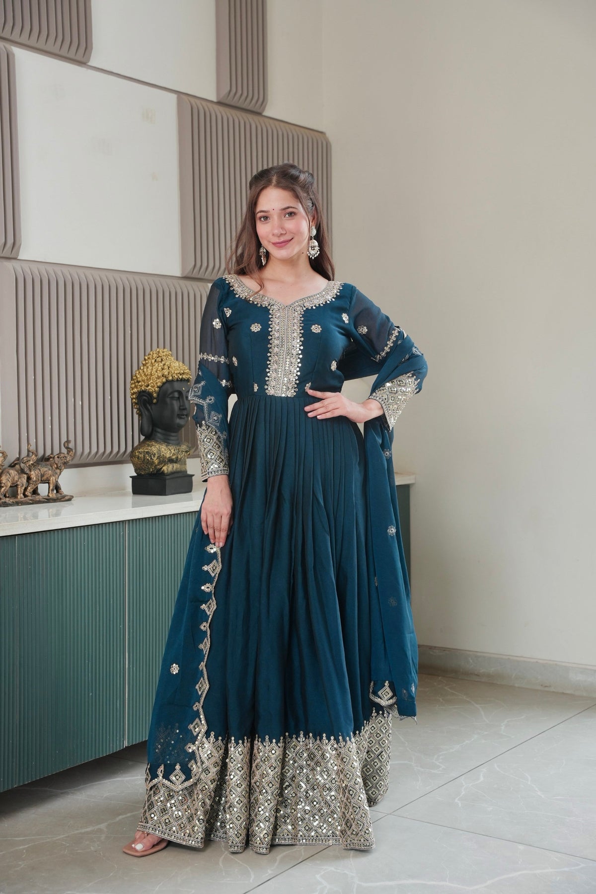 Lorenvalley Fashion Rama Noha Crush Silk with Embroidery Threads & Sequins Work Anarkali Gown with Dupatta | Grocsy