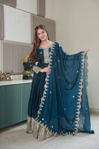 Lorenvalley Fashion Rama Noha Crush Silk with Embroidery Threads & Sequins Work Anarkali Gown with Dupatta | Grocsy