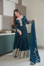 Lorenvalley Fashion Rama Noha Crush Silk with Embroidery Threads & Sequins Work Anarkali Gown with Dupatta | Grocsy