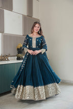 Lorenvalley Fashion Rama Noha Crush Silk with Embroidery Threads & Sequins Work Anarkali Gown with Dupatta | Grocsy