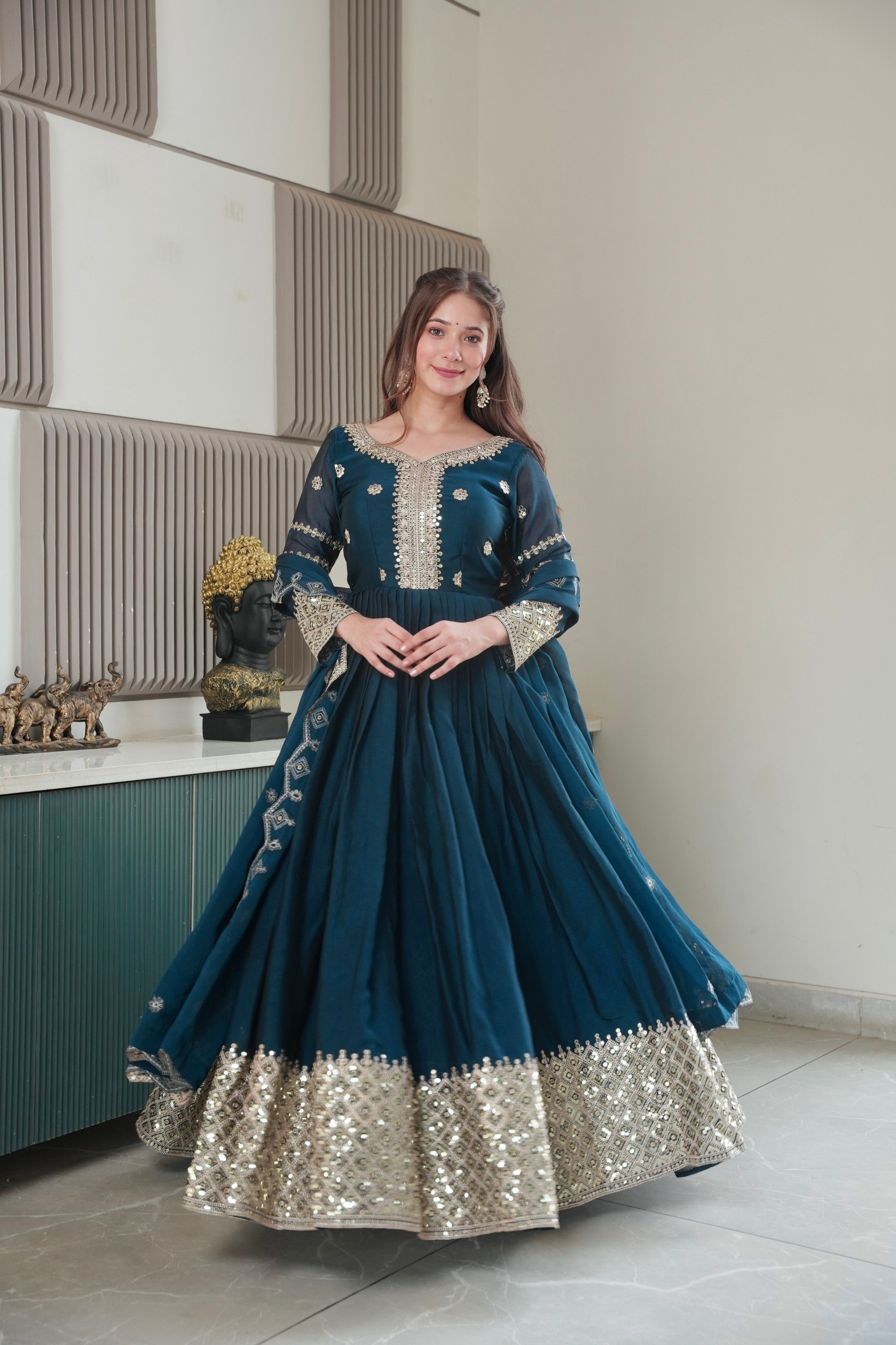 Lorenvalley Fashion Rama Noha Crush Silk with Embroidery Threads & Sequins Work Anarkali Gown with Dupatta | Grocsy