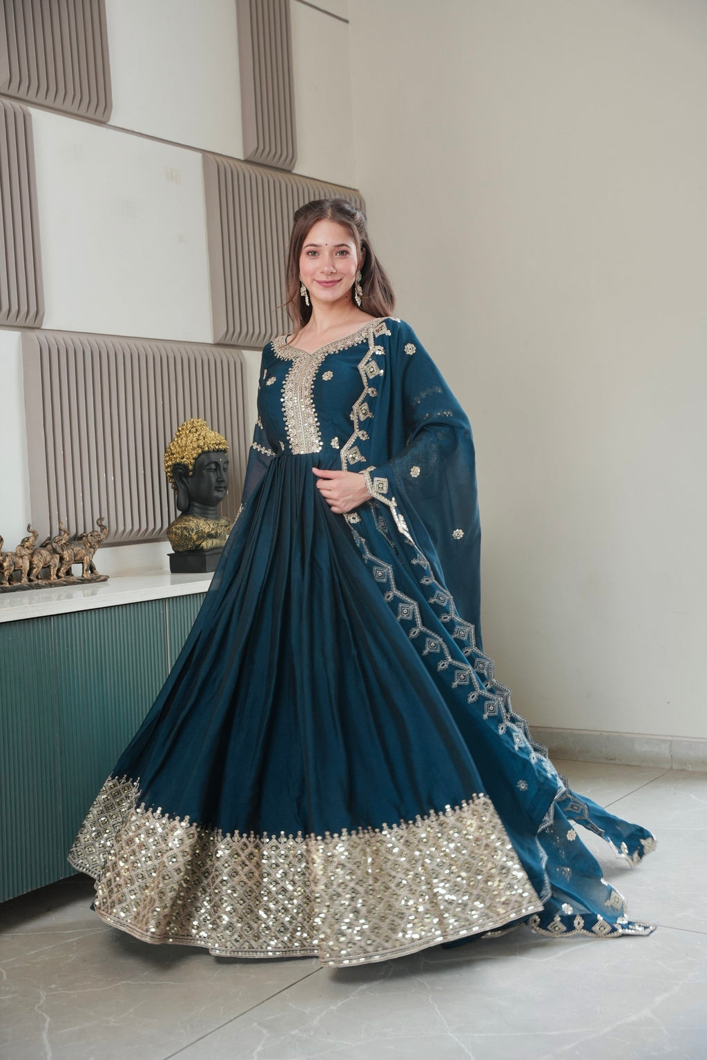 Lorenvalley Fashion Rama Noha Crush Silk with Embroidery Threads & Sequins Work Anarkali Gown with Dupatta | Grocsy
