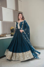 Lorenvalley Fashion Rama Noha Crush Silk with Embroidery Threads & Sequins Work Anarkali Gown with Dupatta | Grocsy