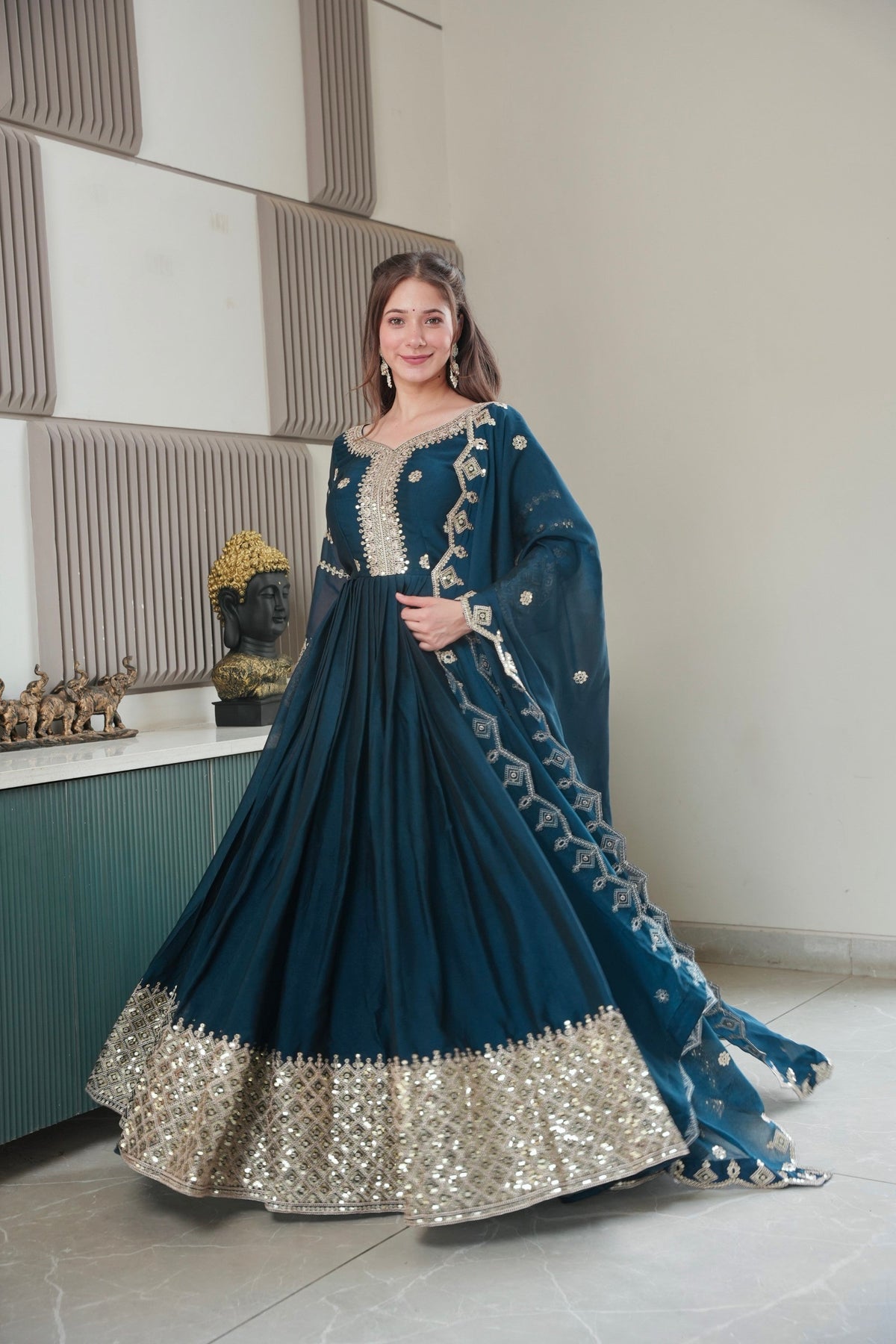 Lorenvalley Fashion Rama Noha Crush Silk with Embroidery Threads & Sequins Work Anarkali Gown with Dupatta | Grocsy