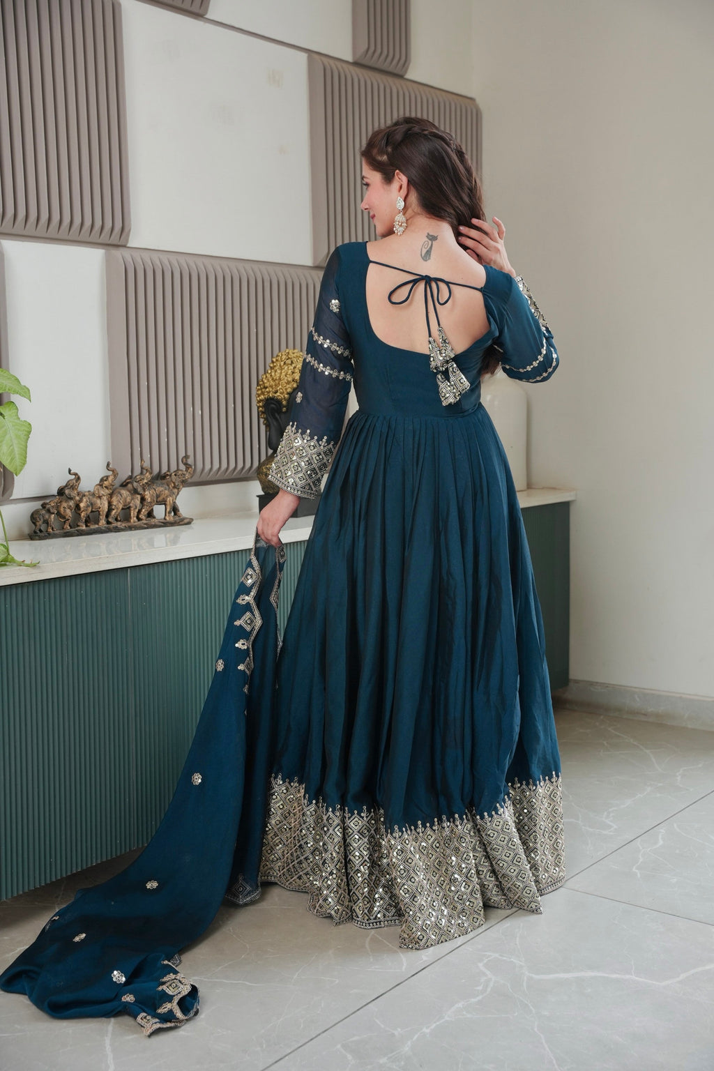 Lorenvalley Fashion Rama Noha Crush Silk with Embroidery Threads & Sequins Work Anarkali Gown with Dupatta | Grocsy