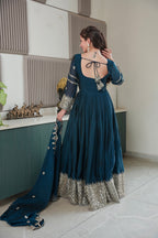 Lorenvalley Fashion Rama Noha Crush Silk with Embroidery Threads & Sequins Work Anarkali Gown with Dupatta | Grocsy