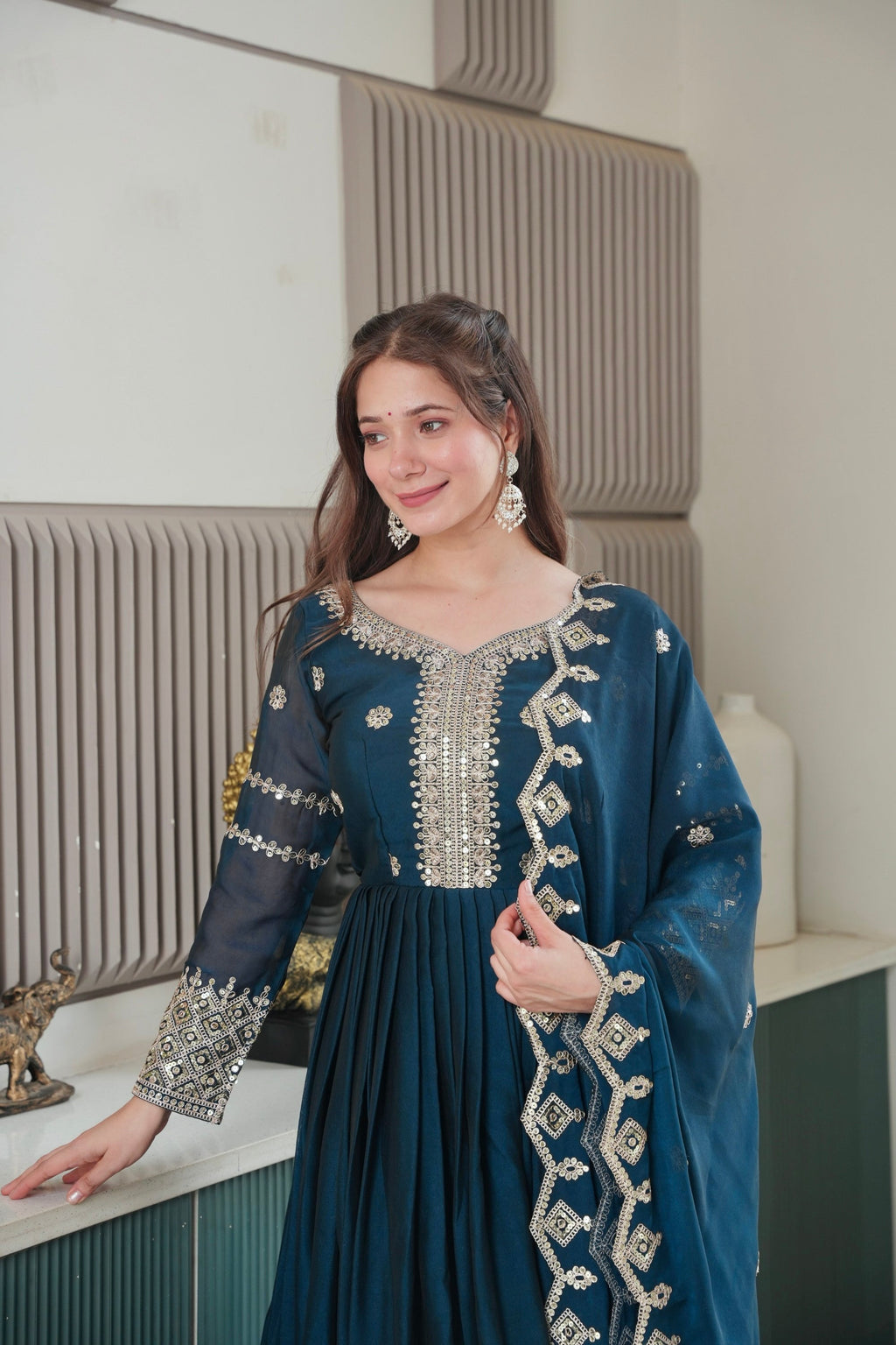Lorenvalley Fashion Rama Noha Crush Silk with Embroidery Threads & Sequins Work Anarkali Gown with Dupatta | Grocsy